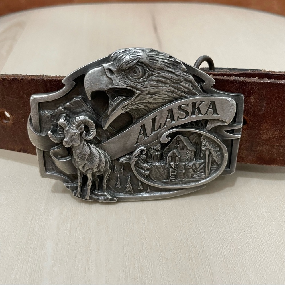 Belt Large Buckle Alaska Black Elk Leather Handmade 42 Wildlife Vintage